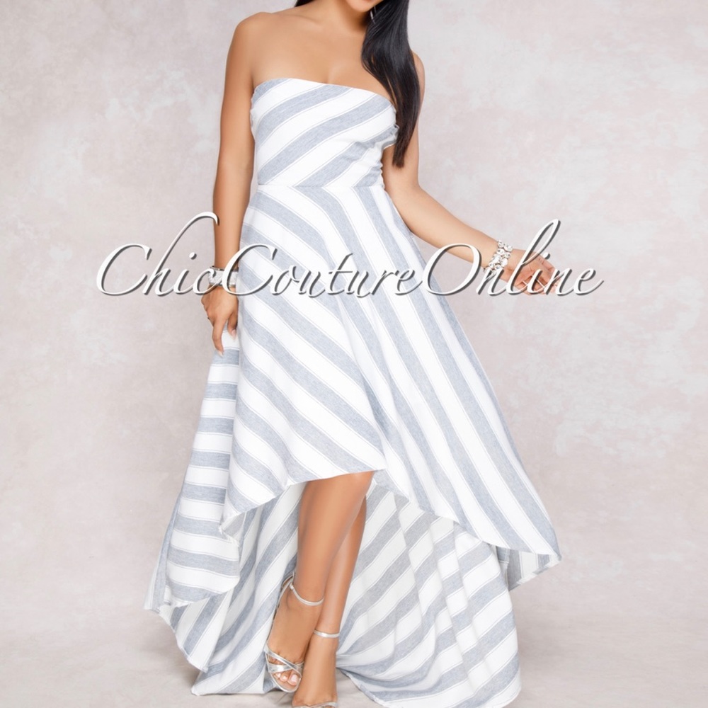White/Grey Stripped High-Low Lace Up Dress